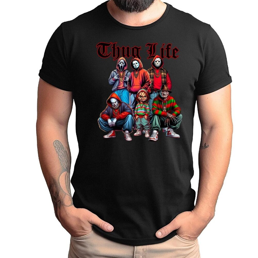 Thug Life Horror Black Halloween Graphic T-Shirt Funny Scary Costume Fan Shirt